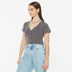 CLE-O Cropped Rib Cardigan asphalt