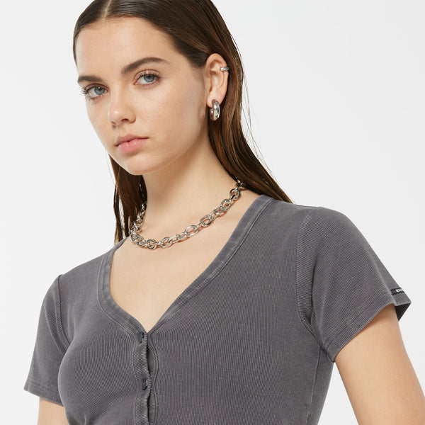 CLE-O Cropped Rib Cardigan asphalt
