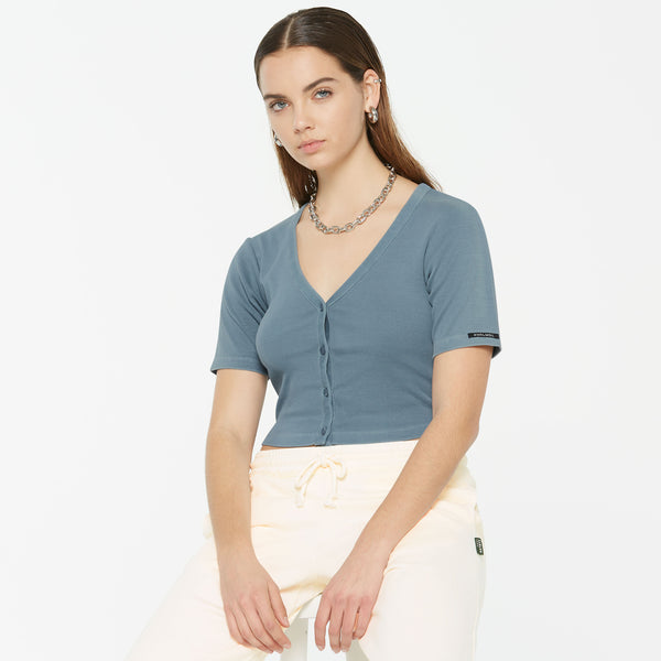 CLE-O Cropped Rib Cardigan fog blue